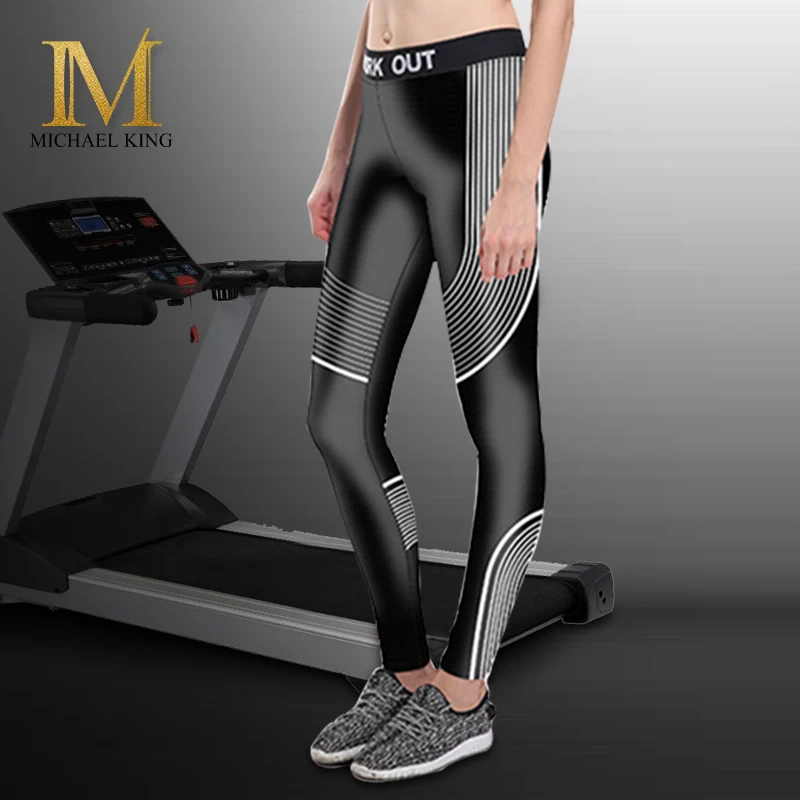 Майкл король среднего талии тонкий с принтом Черные Леггинсы тренировки фитнес