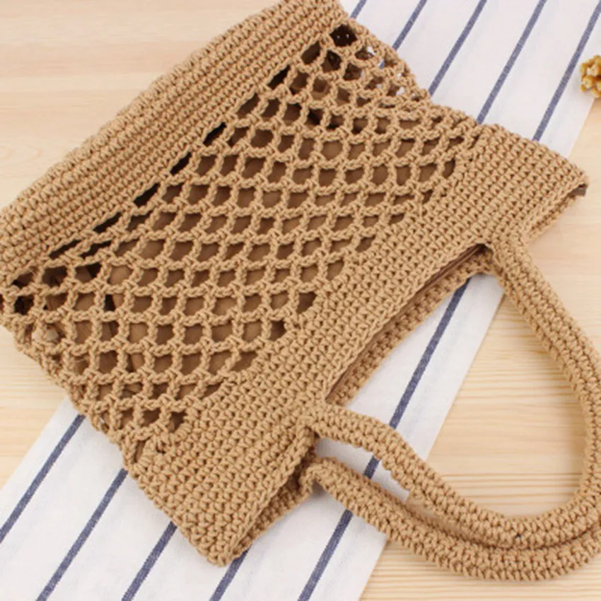 

British style new solid color cotton hand hook woven bag tide fashion women's portable travel holiday beach straw bag
