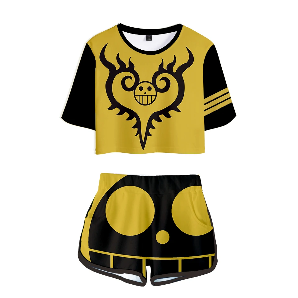 

One Piece Tshirt 3D Luffy Two Pieces Sets Fashion Summer Girl Short Sleeve Dew Navel Tshirt +Shorts Japanese Anime Black Set