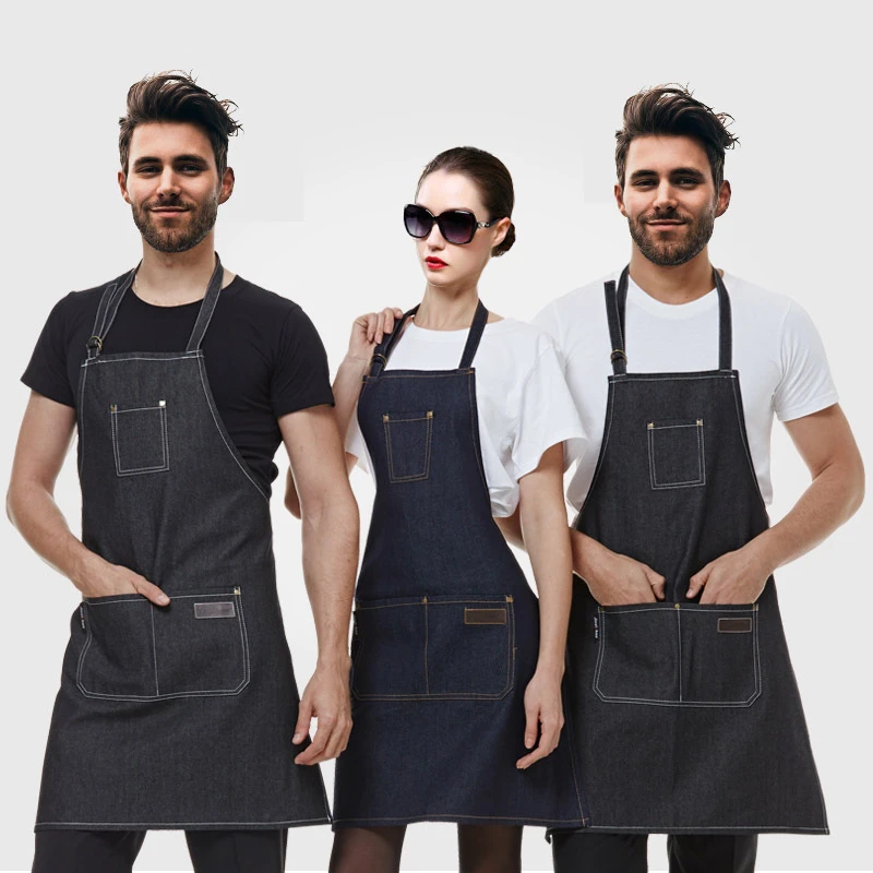 

2017 New Denim Cowboy Apron BBQ Senior Cotton baking Bib Straps Kitchen apron for Women Men cooking Waitress Custom Print Logo