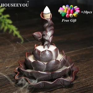 Курильница с нежным лотосом и черным водопадом, керамический обратный поток держатель для ладана, керамическая курильница с ароматом, курильница для медитации, дзен