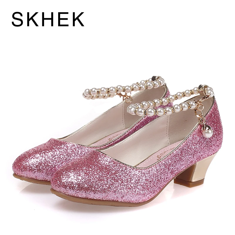 

SKHEK Kids High Heel Shoes For Girls Party Shoe Beaded Lace Wedding Children Shoes Leather Princess Shoe Red White Size 28-36