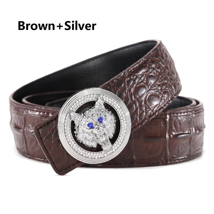brown silver Новинка, мужской роскошный пояс, известный бренд, дизайнерские ремни для мужчин, высокое качество, мужской ремень из натуральной кожи, талия, крокодил, свадьба, волк - Цвет: brown silver