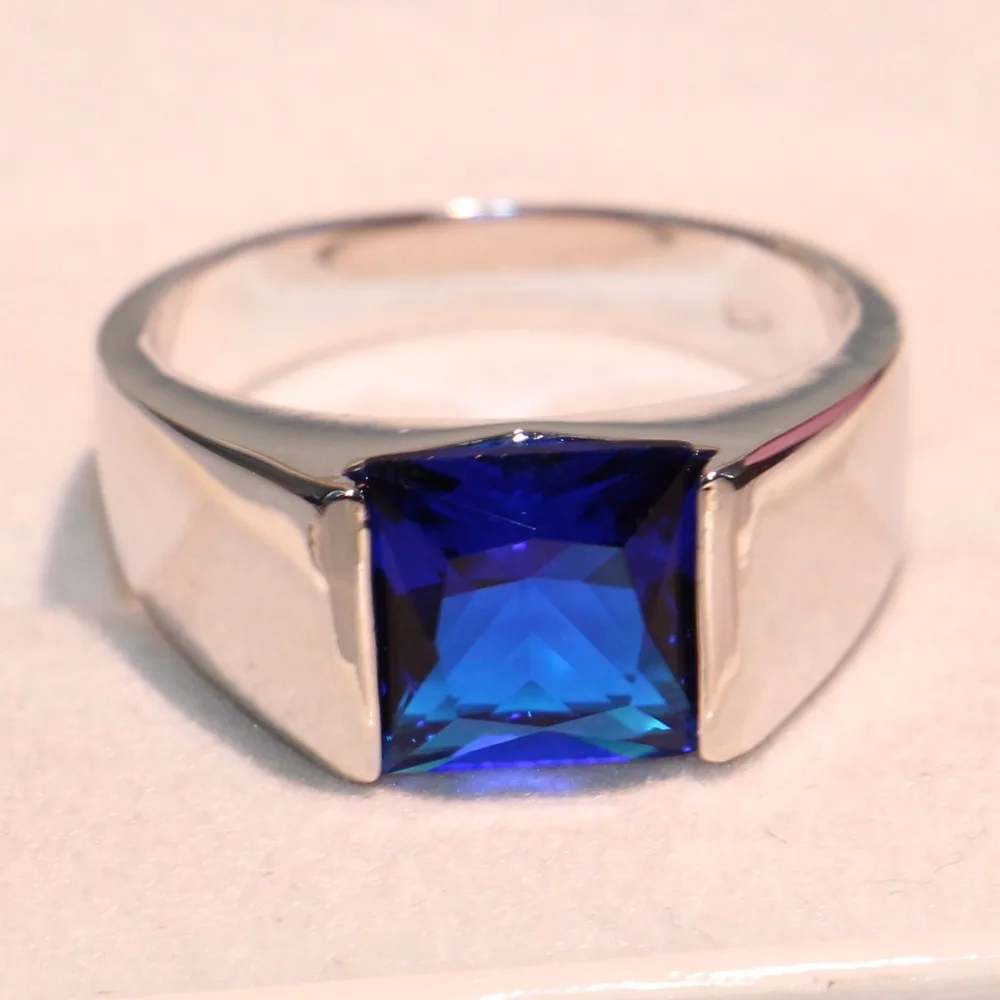 

Solitaire Fashion Jewelry 925 Sterling Silver Princess Cut Blue 5A Cubic Zirconia Square CZ Office Men Wedding Band Ring Gift