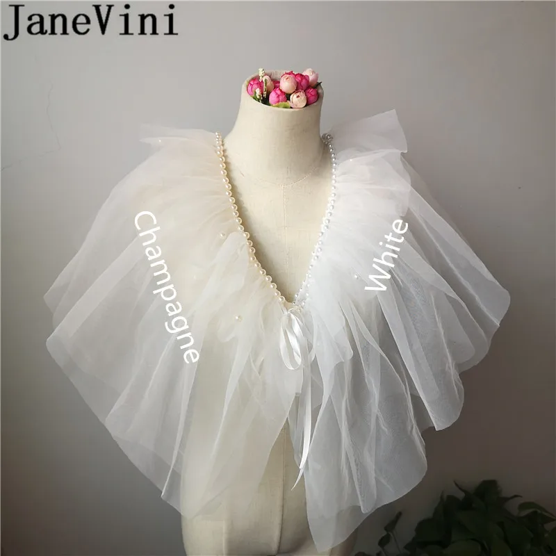 JaneVini/прозрачные тюлевые Свадебные накидки белого цвета, цвета шампанского, с жемчугом, женские летние болеро, болеро, Свадебная вечеринка, вечерняя шаль, обертывания, бруиды, Jas