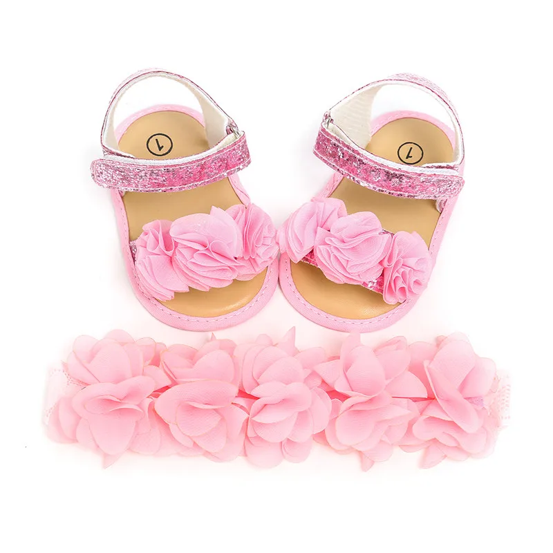 Princess Newborn Baby Girl Sandals Shoes 3D Flowers Soft Sole with Headband Leather 0-18M |