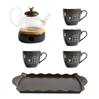 07 Tea Set Европейский чайник с цветами чайная чашка набор кипяток воды чайный набор креативный керамический стеклянный послеобеденный травяной чай посуда для напитков подсвечник нагрев - Цвет: 07 Tea Set