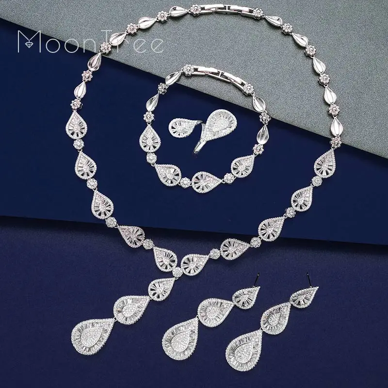 

MoonTree Luxury Water Drop Full Micro AAA Cubic Zirconia Wedding Bridal Necklace Bracelet Earring Ring Copper Set for Women