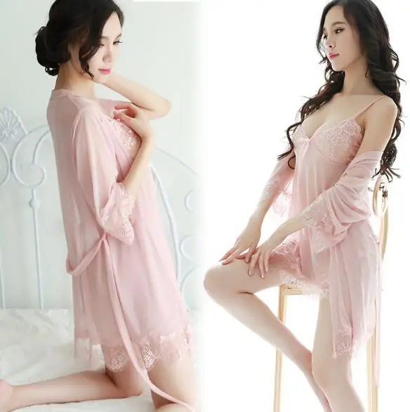 pink 3 pieces Fdfklak, сексуальный кружевной халат, женский халат, набор, весна-лето, халат, женская одежда для сна, 3 шт., халат, Женский банный Халат - Цвет: pink 3 pieces