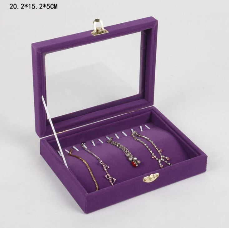 Purple Bracelet box Разноцветные на выбор 24 Сетки бархатное стекло Ювелирное кольцо Дисплей Органайзер Коробка лоток держатель серьги чехол для хранения - Цвет: Purple Bracelet box