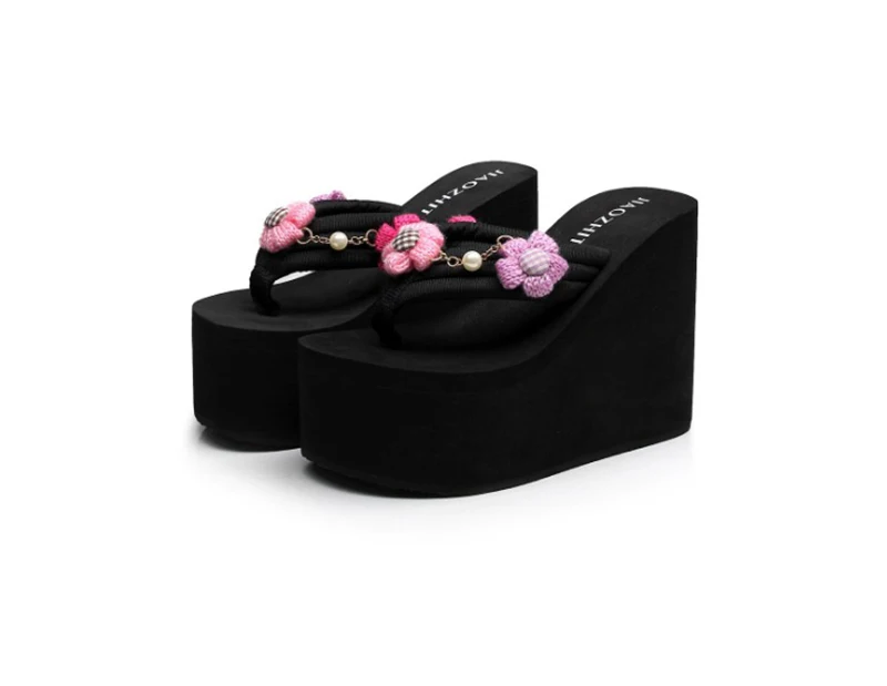 summer women high heels slippers sandals super high flower flip flops handmade tassel beads hawaiian mules clogs shoes outdoor