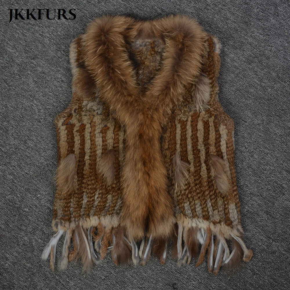 

Women's Knitted Gilet Rabbit Real Fur Vest Raccoon Fur Collar Lady Winter Warm Fur Fashion Top Quality Waistcoat Ladies S1700