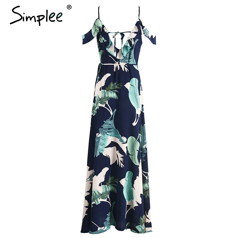 Летнее женское длинное платье Simplee с оборками и принтом макси открытой спиной V