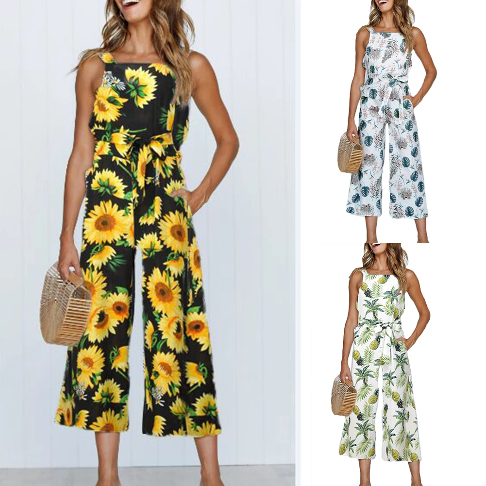 Женский летний цветочный топ без рукавов свободные брюки комбинезон цельный