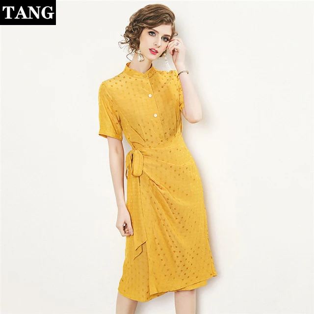 2019 летнее женское с круглым вырезом коротким рукавом желтое в горошек хлопковое