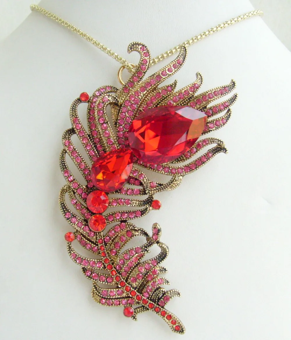 Elegant Red Pink Rhinestone Crystal Peacock Feather Necklace Pendant NL05038C11 | Украшения и аксессуары