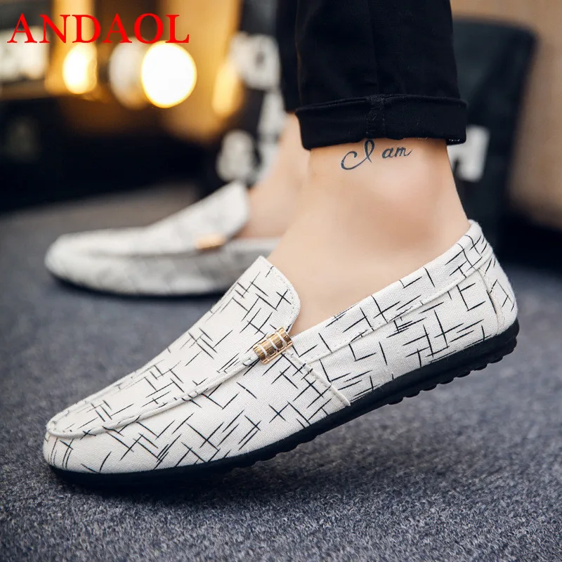 ANDAOL Men's Canvas Casual Shoes Top Quality Soft Moccasins Striped Driving Loafers Luxury Fashion Slip-On Business Office shoes | Обувь