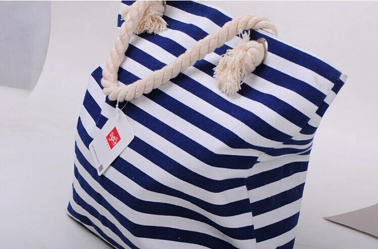 Пляжная сумка холст большой Ёмкость в полоску Для женщин Ткань Сумка Покупок