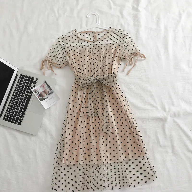 Women Dress Женское летнее Бандажное платье с поясом и вышивкой в горошек, новое винтажное эластичное тонкое Сетчатое сетчатая вуаль, пуловер, Тюлевое платье миди - Цвет: Women Dress