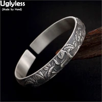 uglyless vintage thai silver leaves wide bangles for women ethnic solid 99 9 full silver peony open bangles adjustable bracelet
