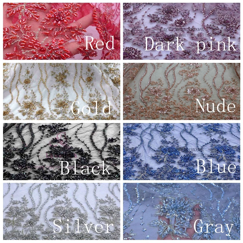 

La Belleza Silver/Dark pink /red/nude/blue/gray handmade heavy beaded lace fabric 47'' widht 1 yard