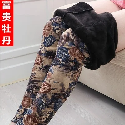K215 Rich peony INDJXND женские зимние леггинсы, женские тату бархатные плотные теплые штаны, модные легинсы с цветами, кашемировые Капри, сексуальные леопардовые черные штаны - Цвет: K215 Rich peony