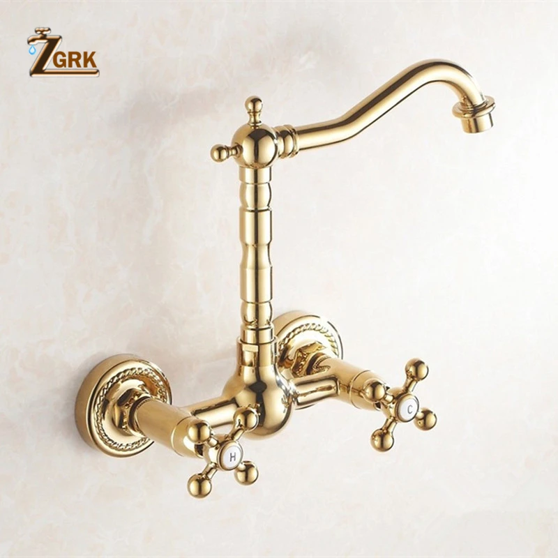 zgrk 360 swivel brass bathroom golden basin sink mix tap bathtub dual handles wall mounted kitchen basin sink mixer faucet free global shipping