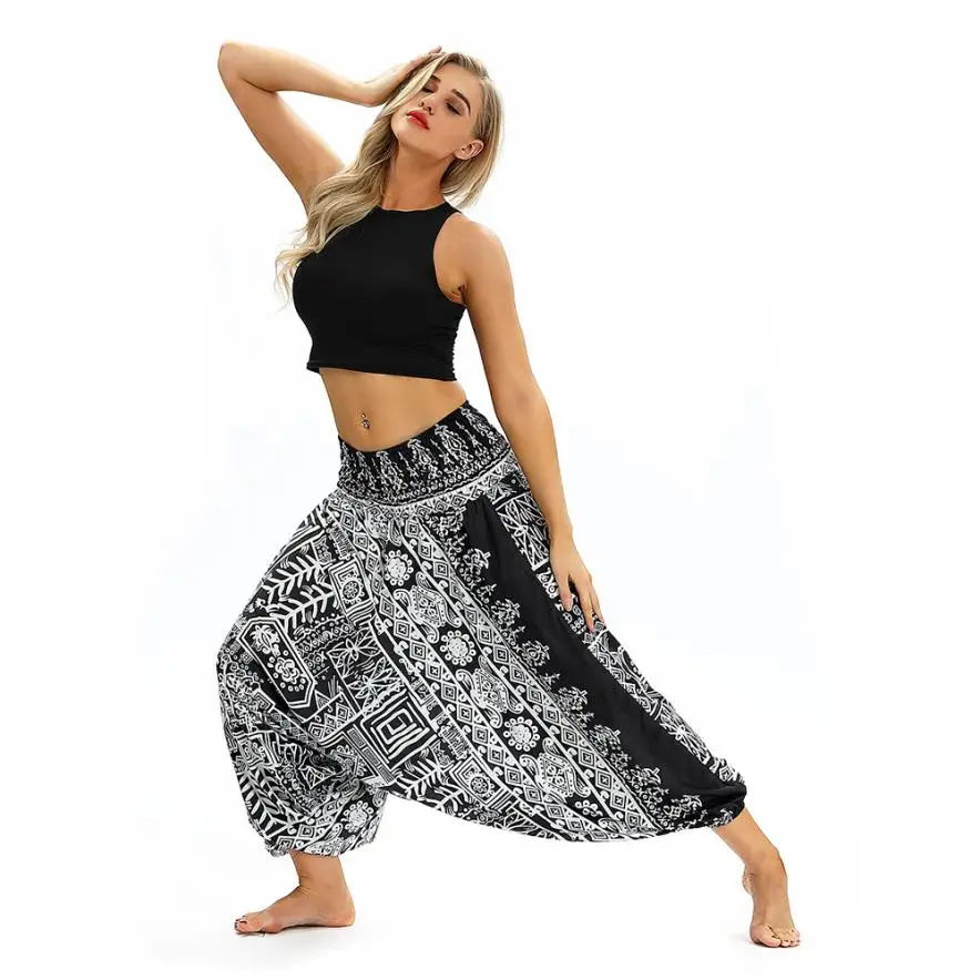 Черный Polyeste Женские повседневные широкие брюки с принтом Boho Aladdin Комбинезон Гарем повседневные свободные брюки Йога женские брюки JLY0825