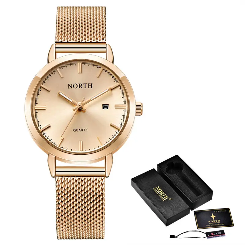 Rose Gold Box Reloj Mujer NORTH женские часы люксовый бренд золотые кварцевые женские часы Женская мода платье браслет водонепроницаемые часы для жены - Цвет: Rose Gold Box