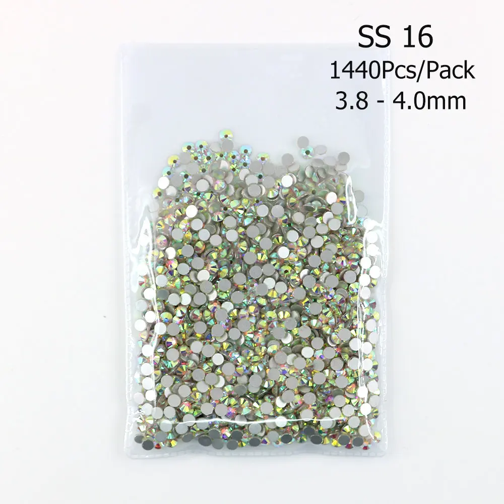 SS16 1440Pcs SS3-SS40, Блестящие Стразы для ногтей, художественные Кристальные AB прозрачные стеклянные камни, 3D дизайн ногтей, декоративные стразы с плоской задней поверхностью, не исправляемые Стразы - Цвет: SS16 1440Pcs