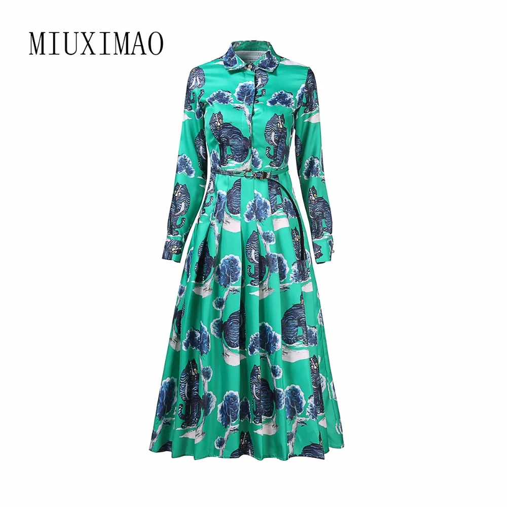 

Весеннее платье MIUXIMAO 2023, винтажное Зеленое Длинное Платье с отложным воротником, длинным рукавом, поясом и принтом кошки, женские платья с п...