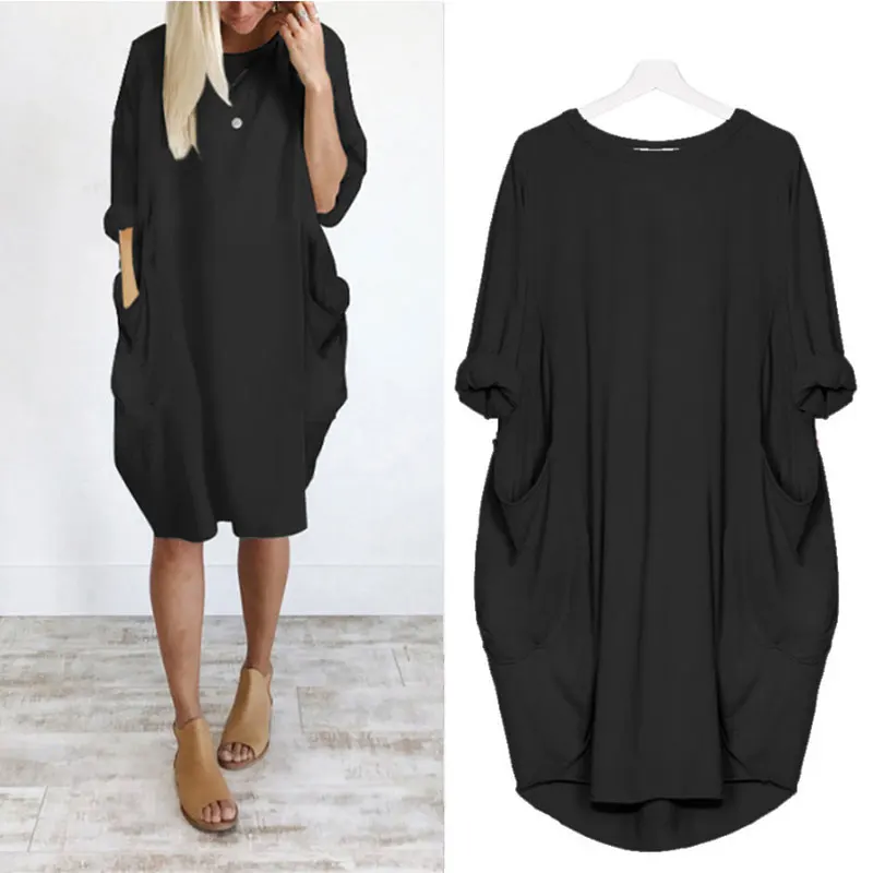 black dress Летучая Мышь Рукав Длинный Плюс Сайз XL 5XL Одноцветный Платья Миди Элегантный Вечеринка Карман Платья Женщина Лето Осень Свободный Простой Большой Размер Модное Платья Оливковый Зеленый Оверсайз Милый - Цвет: black dress