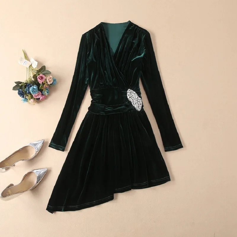 High Quality Velour Dress 2019 Spring Autumn Style Women V-Neck Diamond Beading Long Sleeve Asymmetrical Sexy Party Club Dresses | Женская