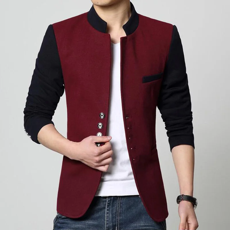 Мужской блейзер с воротником-стойкой, китайский пиджак, контрастный цвет, пэчворк, повседневный пиджак, однобортный мужской пиджак, s туника - Цвет: Color 2