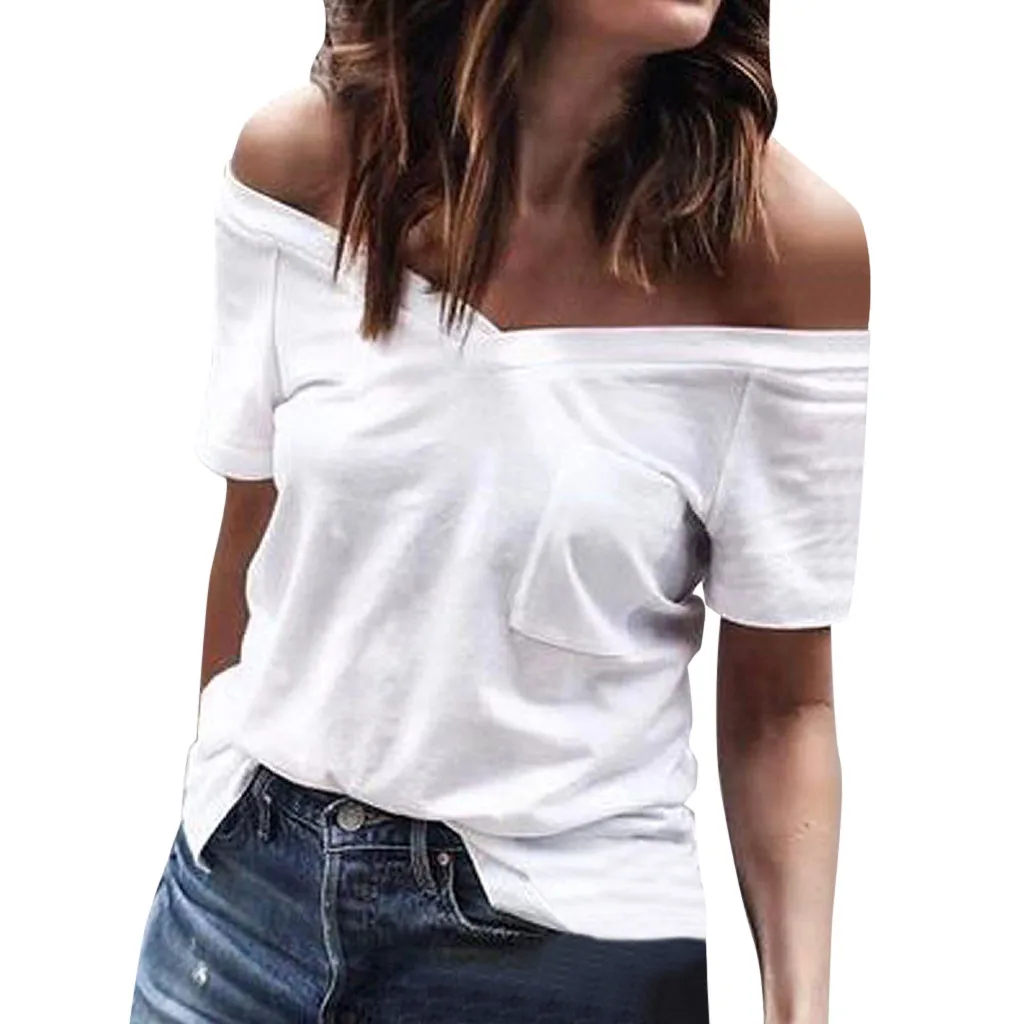 

Women Blouse 2019 Summer Sexy Slash Neck Pockets Cold Shoulder Short Sleeve Shirt Casual Womens Tunic Tops And Blouses Blusas#15