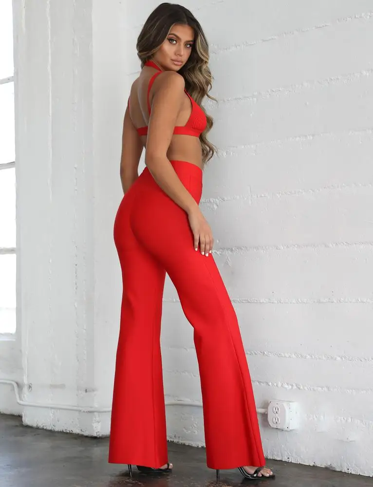 Женский трикотажный бандажный комбинезон оранжево красный из двух предметов