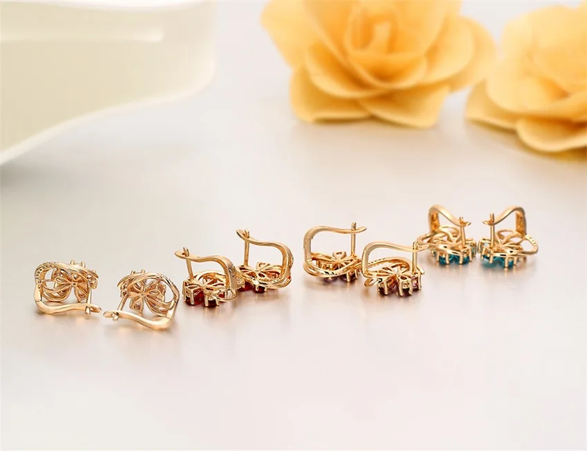 4Colors Five Petal Flower Paved Pear CZ Crystals Huggies Small Hoops Earrings for Women Yellow Gold Color Jewelry 2016 New|earring and necklace