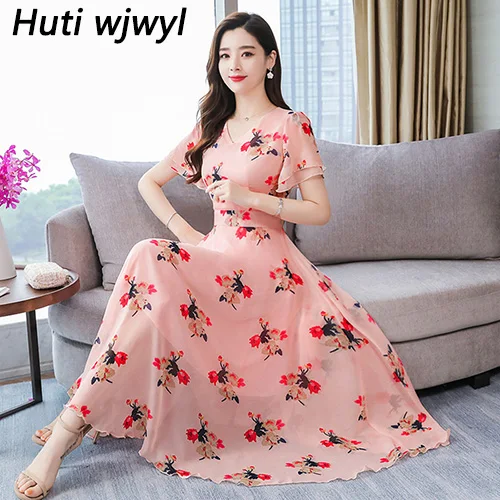 Розовый Розовые цветочные шифоновые Boho летние миди-платья Винтаж 3XL плюс размер сладкий пляжный сарафан элегантные женские облегающие вечерние платья - Цвет: Розовый