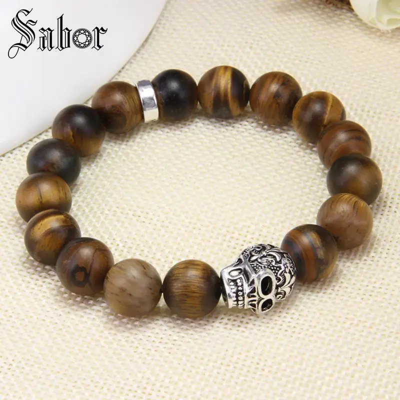Большой Матовый браслет TIGER'S EYE с бусинами в виде черепа и лилии мужские