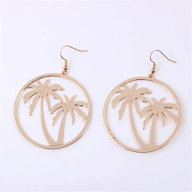Sleepylady Trendy Coconut Tree Gold Color Statement Earrings For Women Big Round Metal Drop Earring Kupe Oorbellen Jewelry Gift | Украшения