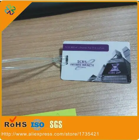 (50pcs/lot)CR80 hole punched full color printing plastic travel tag/plastic tag printing with transparent hanging loop