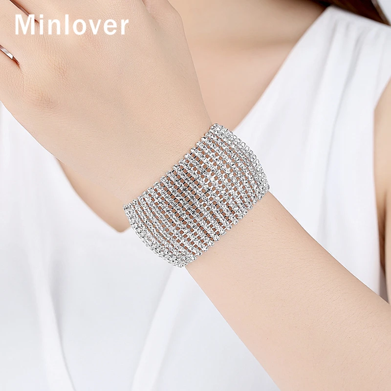 Minlover простой стиль широкий кристалл свадебные браслеты для женщин Стразы