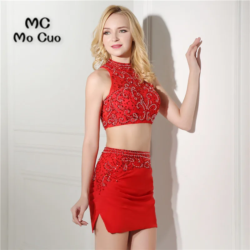 Новинка 2017 платье для выпускного вечера короткое с высоким горлом украшенное