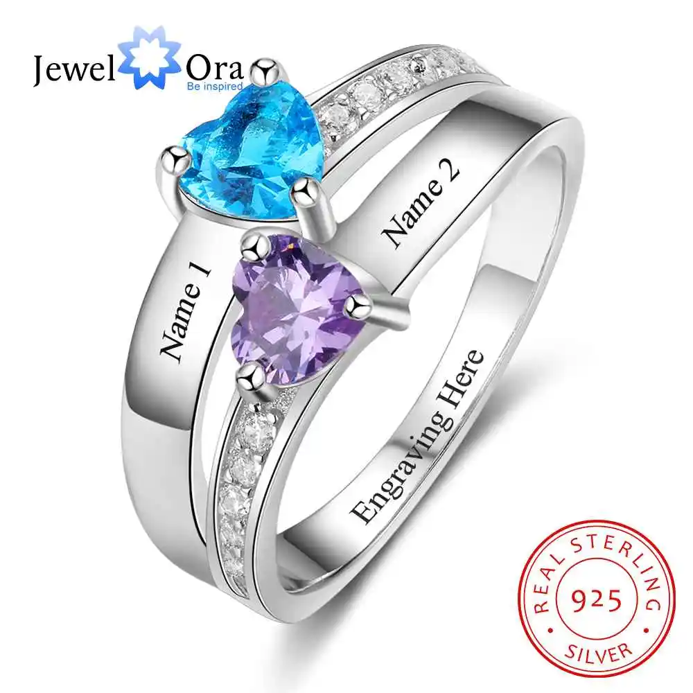 

2 Heart Birthstone Ring Personalized Custom Engrave Names Promise Rings 925 Sterling Silver Jewelry (JewelOra RI103275)