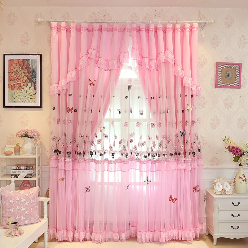 

Senisaihon Europe style Lace Embroidered Wedding Curtains Pink Lotus Flower Pattern Double Layer Tulle Curtains for Living Room