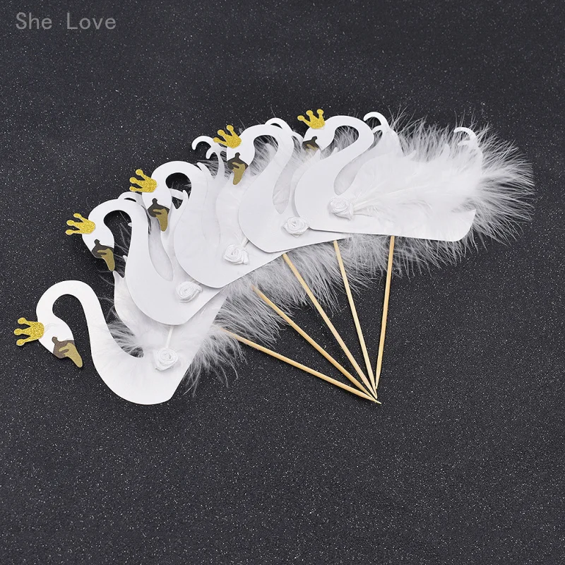 

Chzimade 5pcs Cupcake Topper Picks Swan Crown Feather Wedding Party Cake Decoration Supplies