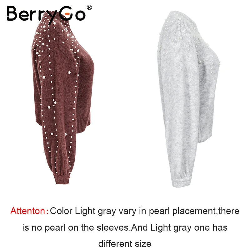 BerryGo Pearl turtleneck solid knitted christmas sweater Lantern sleeve gray women sweaters and pullovers Female autumn casual | Женская