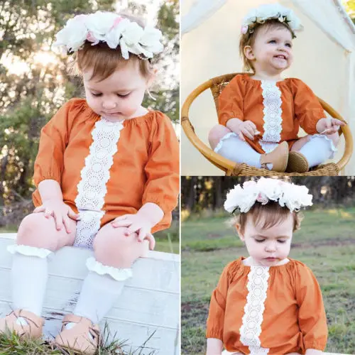 Baby Girl Long Sleeve Triangle Bodysuit Clothes Kids Infant Boys Girls Lace Outfit as Pumpkin Color | Мать и ребенок