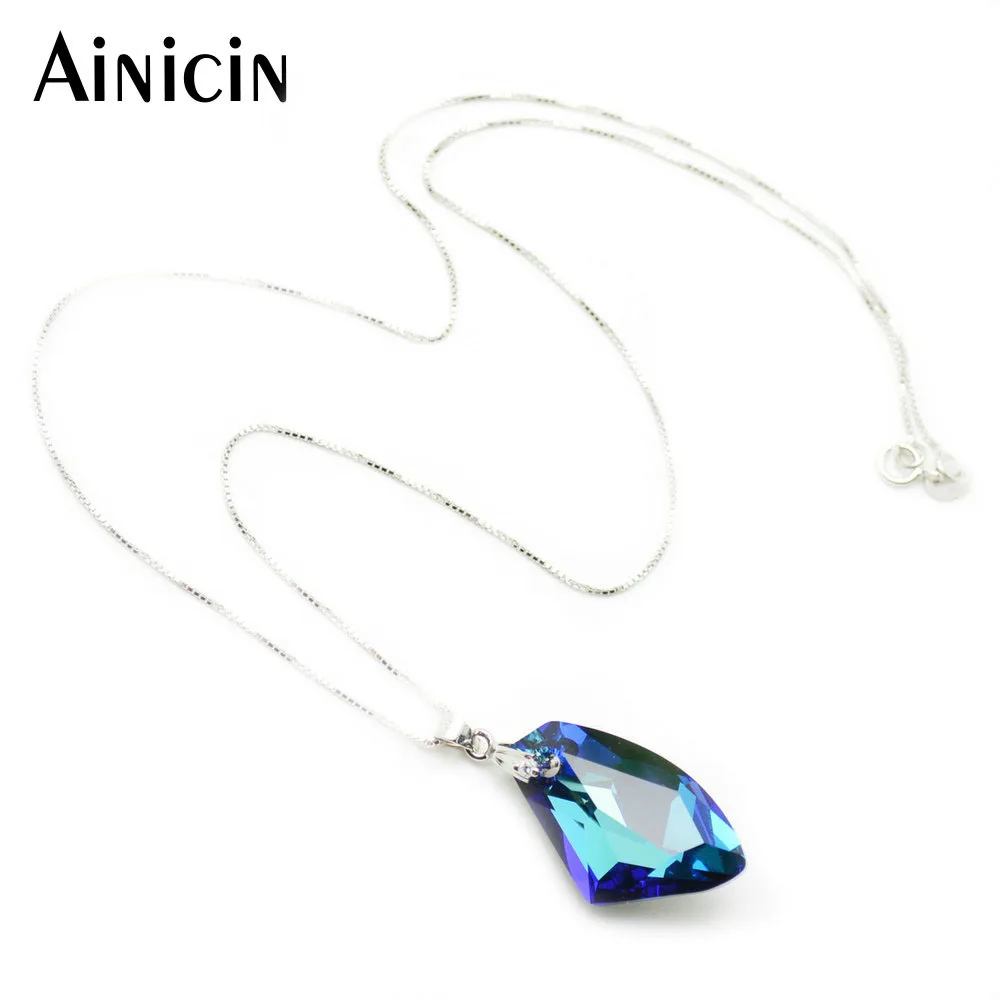 

High Quality Royal Blue Crystal Axe Shape Pendant With 18'' Silver Chain Necklace Luxury Women Jewelry
