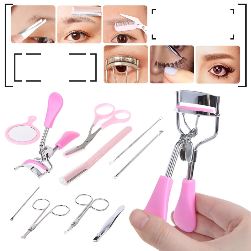 10pcs/set Eyebrow Tools Kit Tweezers Scissors Razor Eyelash Curler Makeup Tool | Красота и здоровье